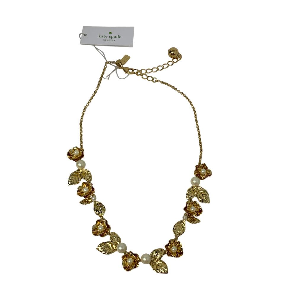 Kate Spade Lavish Blooms Statement Necklace Gold Tone Flowers Pearl Details NEW